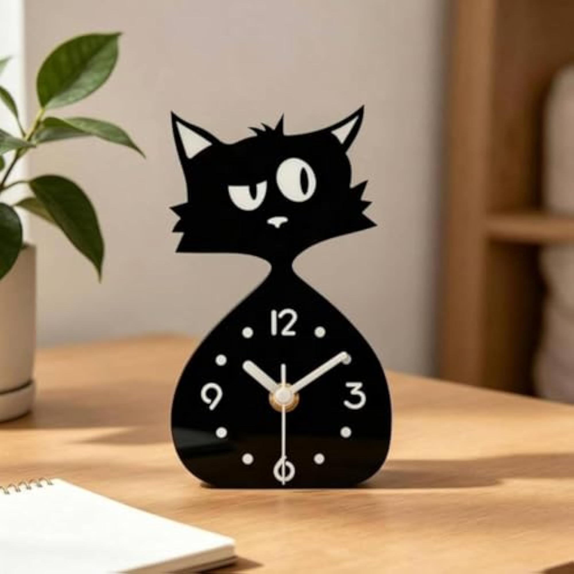 Black Feline-Shaped Timepiece, Glossy Finish